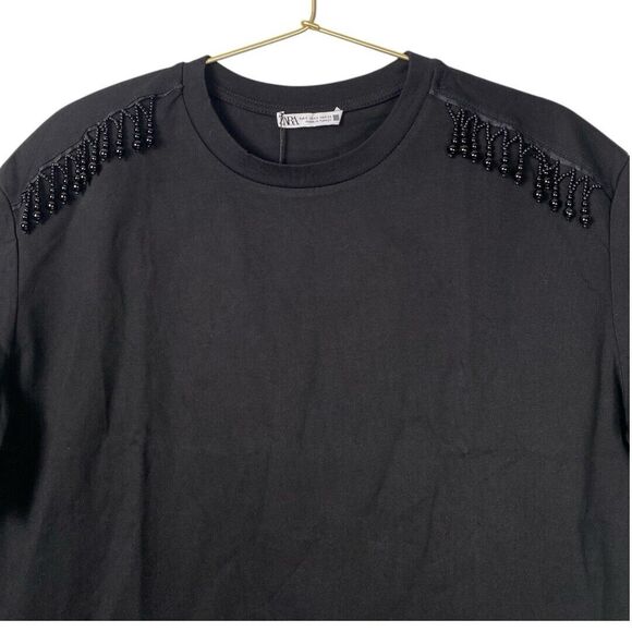 Zara Women's Short Sleeve Tee Shirt Beaded Shoulders‎ Solid Black Size S WP435 - Picture 3 of 8